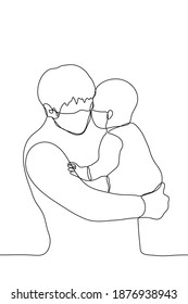 man in a mask holds a baby in his arms. one line drawing of a young father in a protective mask carries and hugs his child