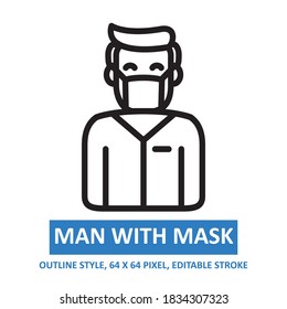 Man with Mask Illustration Vector Icon Outline Style. Editable Stroke. Base 64 x 64 Pixels. Expanded. Perfect Use for Awareness in Banner, Flyer, Presentation, etc.