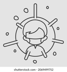 Man with mask inside virus icon. Pandemic concept. Outline thin line flat illustration. Isolated. 