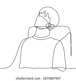 man in the mask lay down on the back of the chair. one line drawing of a masked plane passenger tired of flying or sleeping