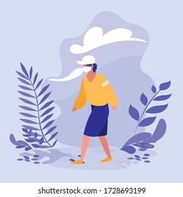Man with mask and leaves outside design of Covid 19 virus theme Vector illustration