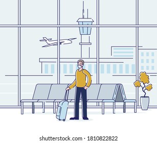 Man in mask with luggage in airport terminal waiting for plane departure during covid epidemic. Social distance and illness prevention measures while travel concept. Vector illustration