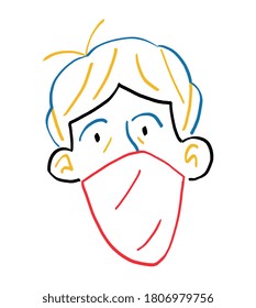 Man with mask minimalist portrait. Safety portection for Covid-19. Abstract primary color vector art. Contenporary hand drawn. 