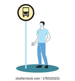 hombre con máscara en el diseño de ilustraciones vectoriales de parada de bus