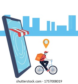 man with mask on delivery with location and application vector illustration desing