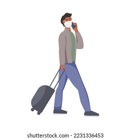 A man with a mask on his face walks. Flat vector illustration