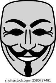 A man with a mask on his face with a smile on his face. The mask is grey and black