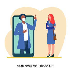 Man in mask on phone screen explaining something to woman. Smartphone, quarantine, virus flat vector illustration. Pandemic and protection concept for banner, website design or landing web page