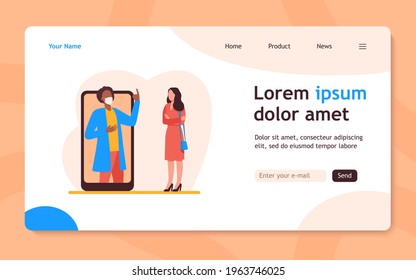 Man in mask on phone screen explaining something to woman. Smartphone, quarantine, virus flat vector illustration. Pandemic and protection concept for banner, website design or landing web page