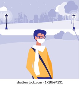 Man with mask outside at park design of Covid 19 virus theme Vector illustration