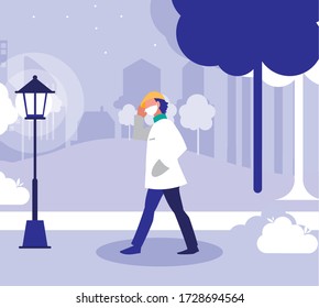 Man with mask outside at park design of Covid 19 virus theme Vector illustration