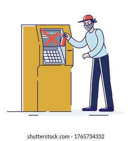 Man In Mask Painting On Atm Machine. Riot Aggression, Violence And Anonymous Destruction. Street Vandal And Vandalism Concept. Cartoon Linear Illustration