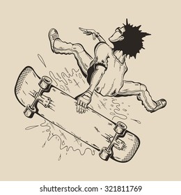 Man in mask to perform tricks on a skateboard. Vector design.