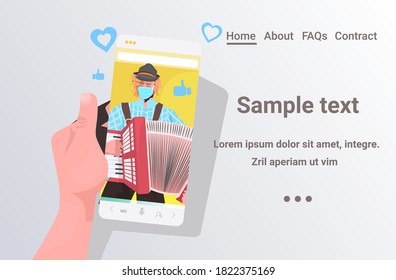 man in mask playing accordion Oktoberfest party festival celebration self isolation coronavirus pandemic concept smartphone screen portrait horizontal copy space vector illustration