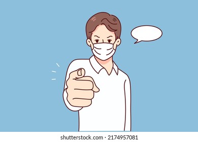 Man in mask point at screen make people stay home during covid-19 lockdown. Male in facemask ask everyone keep distance. Coronavirus concept. Vector illustration. 