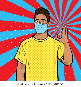 Man in mask in pop art style. Vector background in comic style retro pop art. Illustration for print advertising and web.