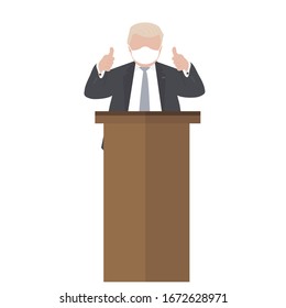 A man in mask. Presidential candidate speaks to people from tribune. Flat tribune Icon web. President debates. Vector illustration