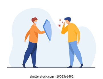 Man in mask protecting from covid with shield. Infected person, cough, spread. Flat vector illustration. Coronavirus, pandemic, social distance concept for banner, website design or landing web page