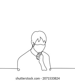 man in mask put hand to his face in thought - one line drawing vector. concept of doubt, reflection, coming up with solution