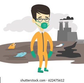 Man in mask and radiation protective suit standing on the background of nuclear power plant. Scientist wearing radiation protection suit. Vector flat design illustration isolated on white background.