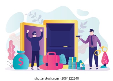 Man in mask robbed safe in bank. Robber surrenders to police officer. Policeman pointed with pistol at criminal. Thief failed to steal money from financial institution. Flat vector illustration