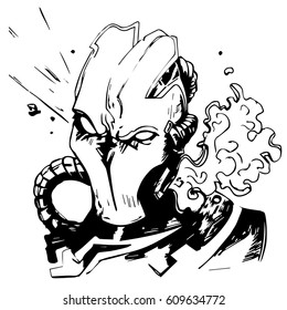 Man in mask , robot , ink splash , cyberpunck