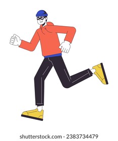 Man in mask running flat line color vector character. Hacker. Editable outline full body person on white. Simple cartoon spot illustration for web graphic design