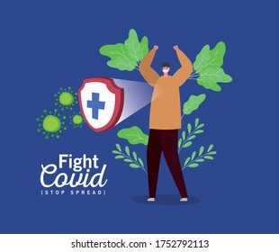 Hombre con máscara y escudo con diseño cruzado de Fight covid 19 virus y dejar de difundir tema Vector ilustración