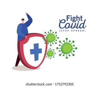 Man with mask and shield with cross design of Fight covid 19 virus and stop spread theme Vector illustration