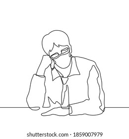 man in a mask, shirt and glasses sits sadly at the table and props his head with his hand. one line drawing concept man reflective, depressed, tired worker, creative burnout, despair, sleepy
