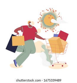 Hombre enmascarado con carro de compra y cajas bajo el sol en forma de coronavirus. Concepto de cuarentena y pandemia. La gente entra en pánico y compra excesiva de alimentos.