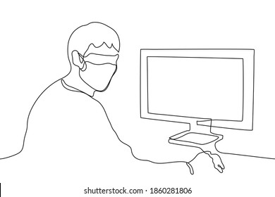 man in a mask sits at the computer and looks at the viewer / observer. one line drawing of a worker during a pandemic at work at the computer