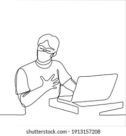 man in a mask sits in front of a laptop, he grabbed his chest and turned his head away from the screen, he is shocked or disappointed by the news of Internet. one line drawing unsuccessful surfing