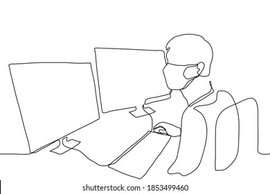 man in a mask sits in front of two monitors (computers), his hand is on a computer mouse, he looks at one of the screens. one line drawing of a man wearing a protective mask