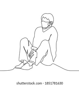 man in a mask sits on the floor in the corner, the guy hunched over his arms between his legs. one line drawing lonely sad man sitting in the corner