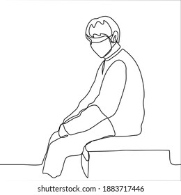 man in a mask sits tiredly on the bed. one line drawing of a man sleepy emaciated wearing a protective mask and the duration of the pandemic. one line drawing frustration, apathy, impotence, fatigue