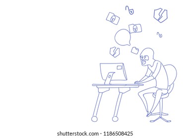 Man mask sitting computer hacker activity concept viruses data privacy attack internet information security sketch doodle vector illustration