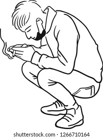 The man with a mask sitting like a squat position while playing mobile games with a cigarette on his hand.