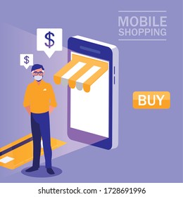 Man with mask and smartphone design of Mobile shopping online ecommerce and covid 19 virus theme Vector illustration