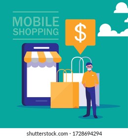 Man with mask and smartphone design of Mobile shopping online ecommerce and covid 19 virus theme Vector illustration