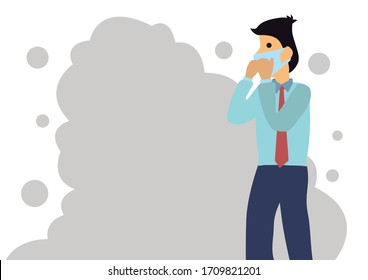Mann mit Maske auf rauchem Hintergrund. Konzept der Verhütung von Verschmutzung oder des Ausbruchs. Vektorillustration