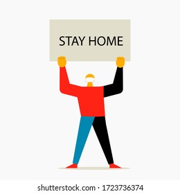 man in mask standing with banner, stay home concept vector style illustration