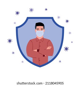 man in a mask stands, isolated from bacteria and viruses, the shield protects people's health, healthcare and isolation illustration, simple flat vector