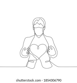 man in a mask stands in a jacket, unbuttoning his buttons and exposing his chest - there is a silhouette of a large heart. one line drawing concept of confession of love, kindness, openness, empathy