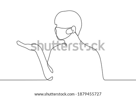 man in a mask stands in profile, he raised his hand, palm up, he looks at her. one line drawing concept of waiting for a miracle, looking at something small