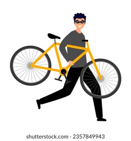 Man with mask stealing bicycle in flat design. Thief holding bike, running away, committing crime. Bike theft, law break, criminal concept.