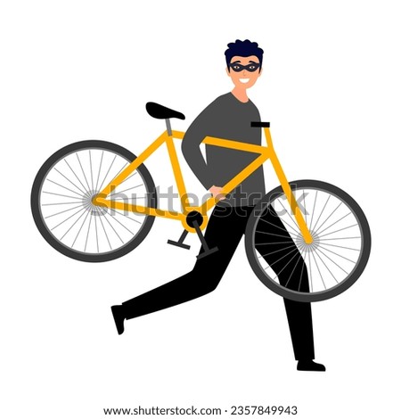Man with mask stealing bicycle in flat design. Thief holding bike, running away, committing crime. Bike theft, law break, criminal concept.