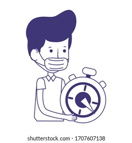 man with mask and stopwatch online shopping covid 19 vector illustration line style