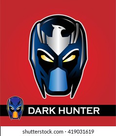 man with the mask. superhero head with the eagle icon at the forehead . Superhero head in shiny color. Alien. Predator. Artwork. Vector illustration. Superhero head illustration compose with text.