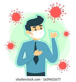Man in mask surrounded by coronavirus vector isolated. Shield around the male person. Man with medical protection feel secure from infection.